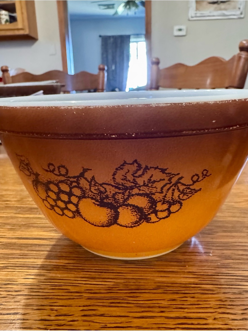 Pyrex Orange and Brown Mixing Bowl with Fruit Pattern